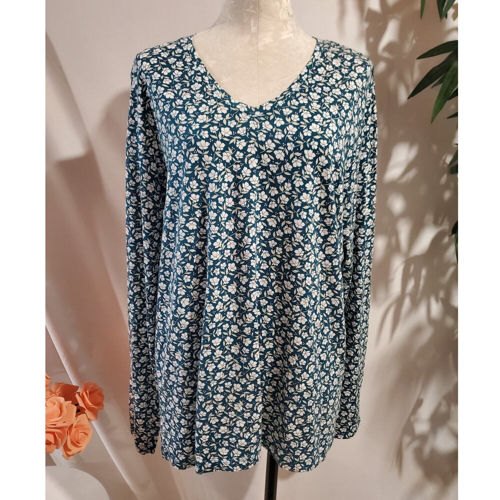 Lands End Relaxed Fit Floral V-Neck Long Sleeve Top Womens Size LT Blue Cotton